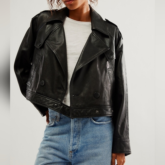 NWT Free People Black Lamb Leather Modern Chemistry Cropped Moto Jacket L - Picture 1 of 5